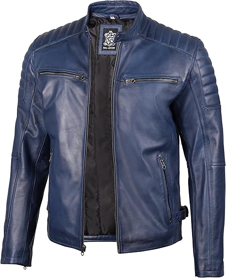 Men's Navy Blue Café Racer Leather Jacket
