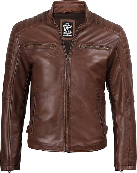 Men's Brown Ribbed Shoulder Café Racer Jacket