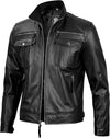 Men's Black Band-Collar Café Racer Jacket