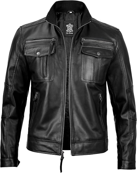 Men's Black Band-Collar Café Racer Jacket