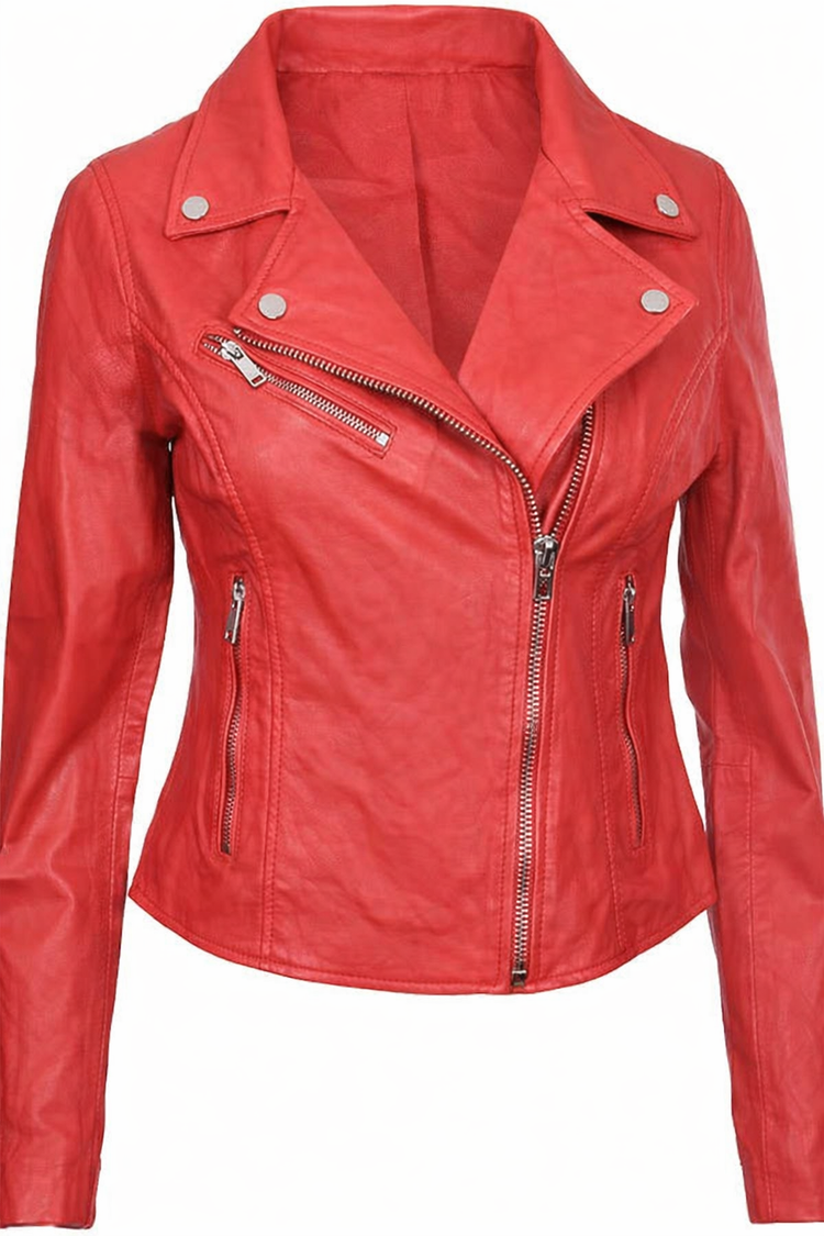 Women's Classic Real Leather Biker Jacket — Red
