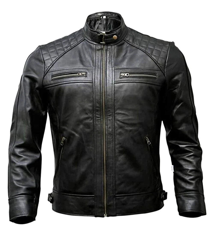 Men's Black Quilted Café Racer Leather Jacket