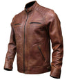 Men's Brown Distressed Diamond Quilted Biker Jacket