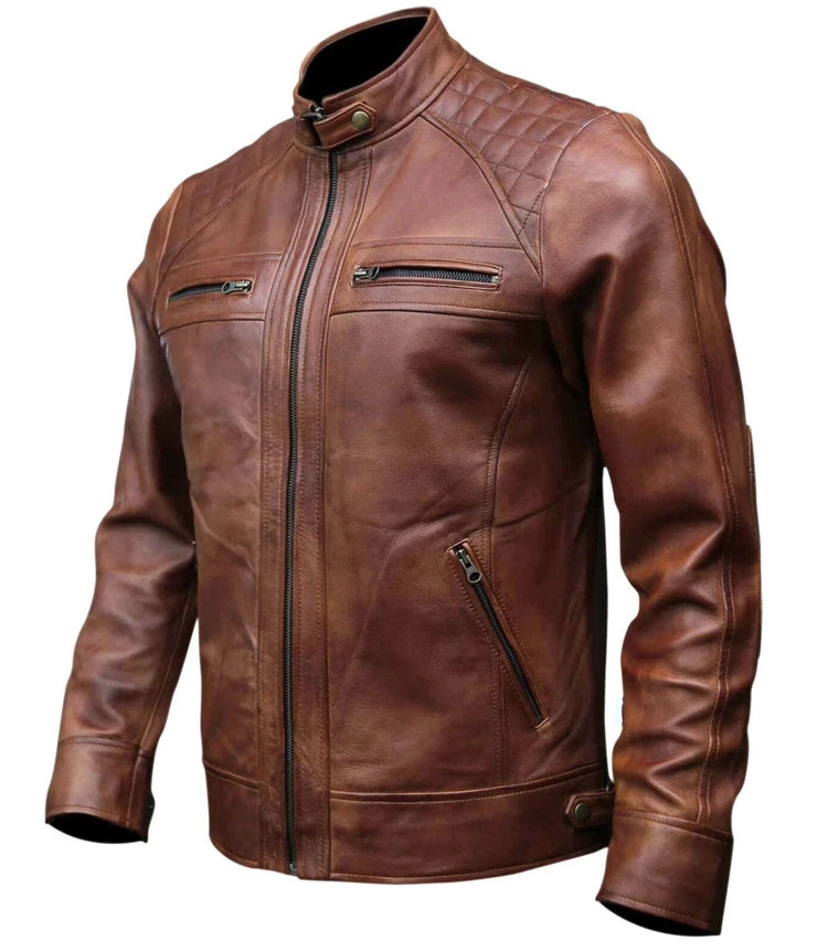 Men's Brown Distressed Diamond Quilted Biker Jacket