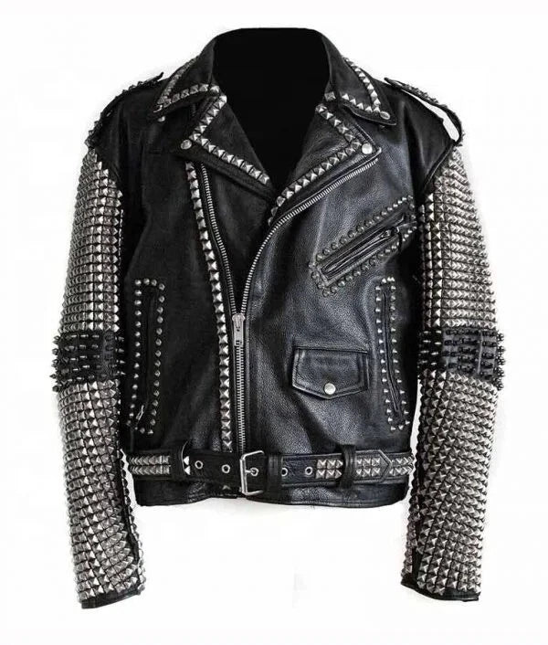 Men's Black Full Silver Studded Biker Jacket