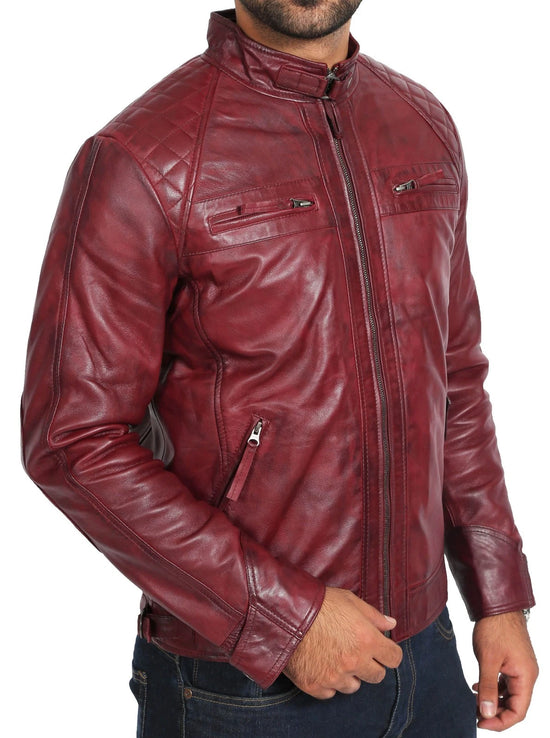 Men's Burgundy Café Racer Leather Jacket