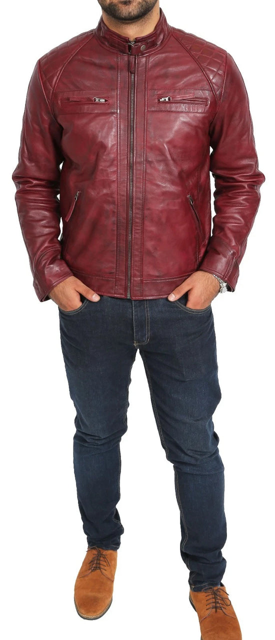 Men's Burgundy Café Racer Leather Jacket