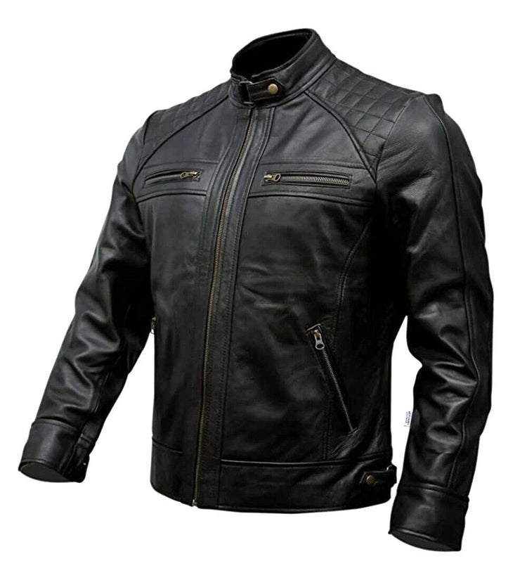 Men's Black Quilted Café Racer Leather Jacket