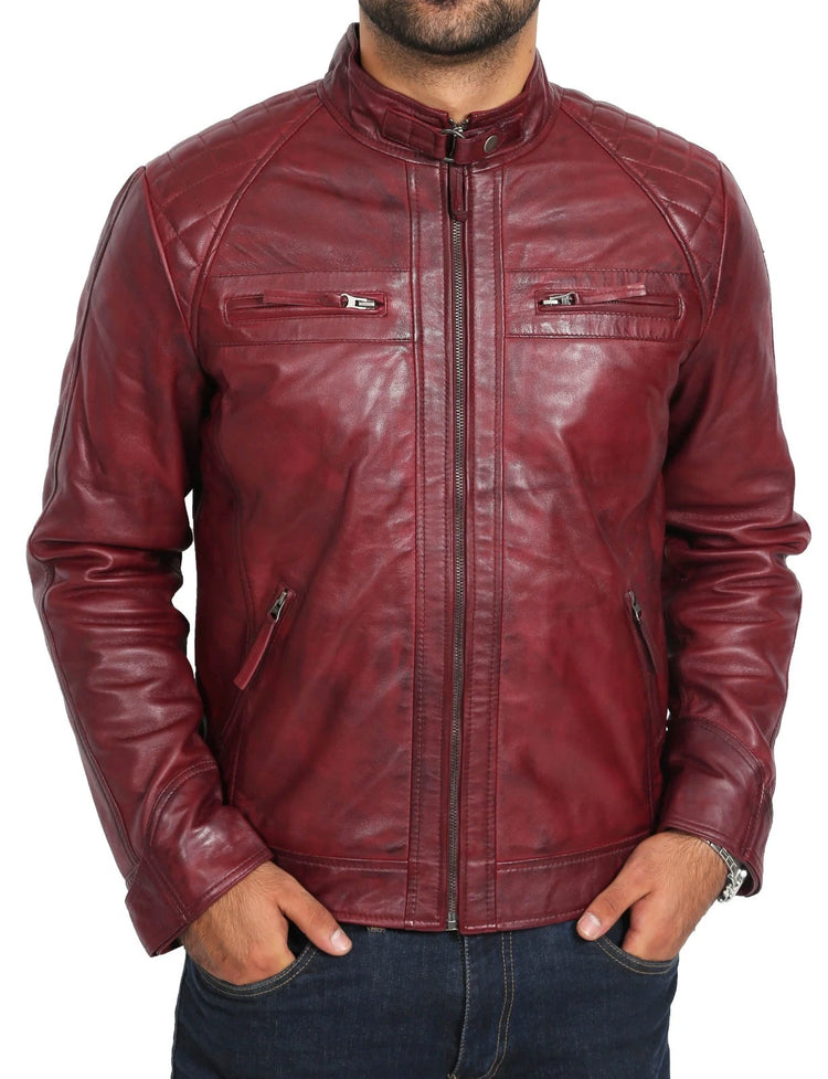Men's Burgundy Café Racer Leather Jacket