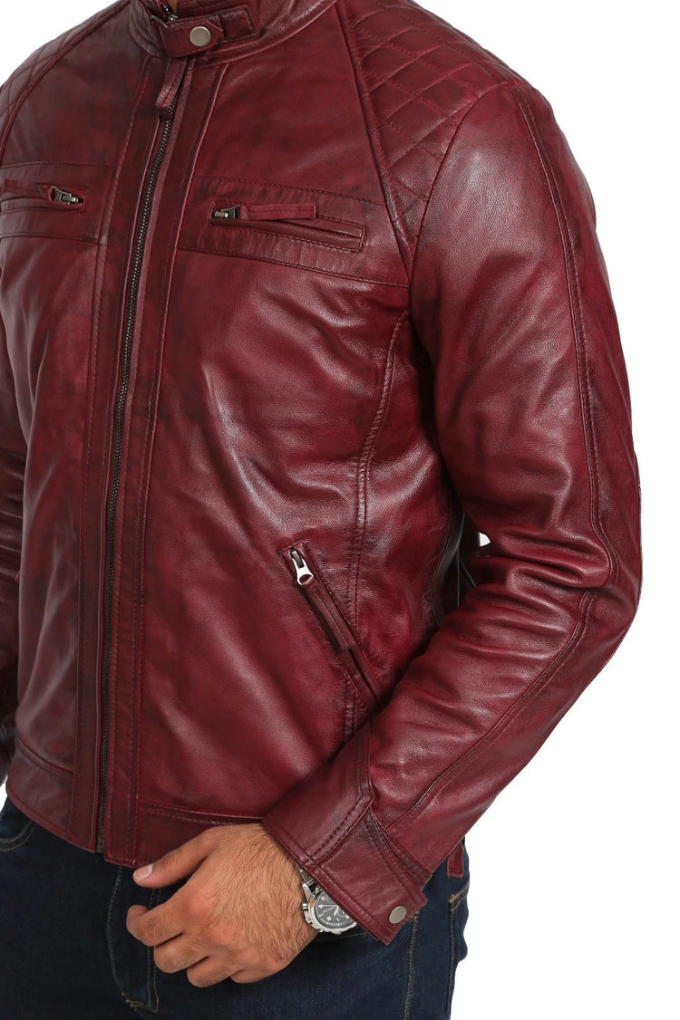Men's Burgundy Café Racer Leather Jacket