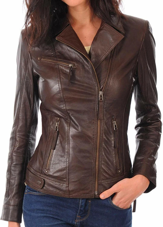 Women's Dark Brown Asymmetric Biker Jacket