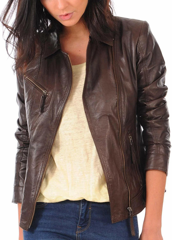 Women's Dark Brown Asymmetric Biker Jacket