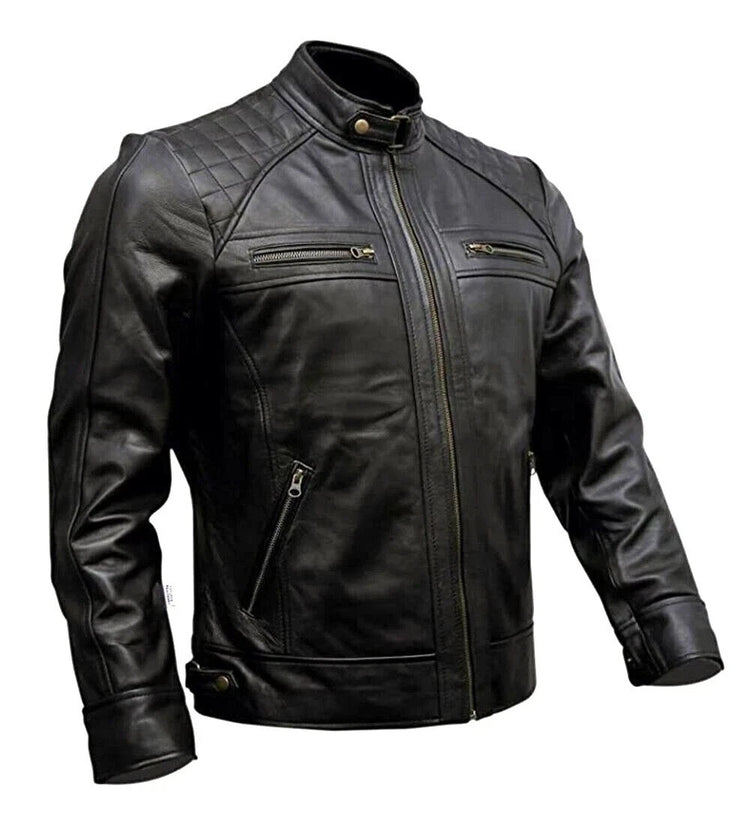 Men's Black Quilted Café Racer Leather Jacket