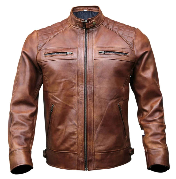 Men's Brown Distressed Diamond Quilted Biker Jacket
