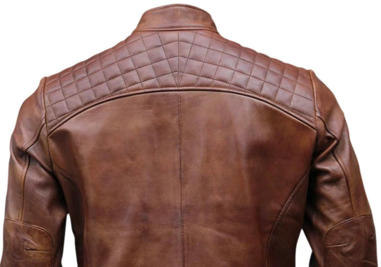 Men's Brown Distressed Diamond Quilted Biker Jacket