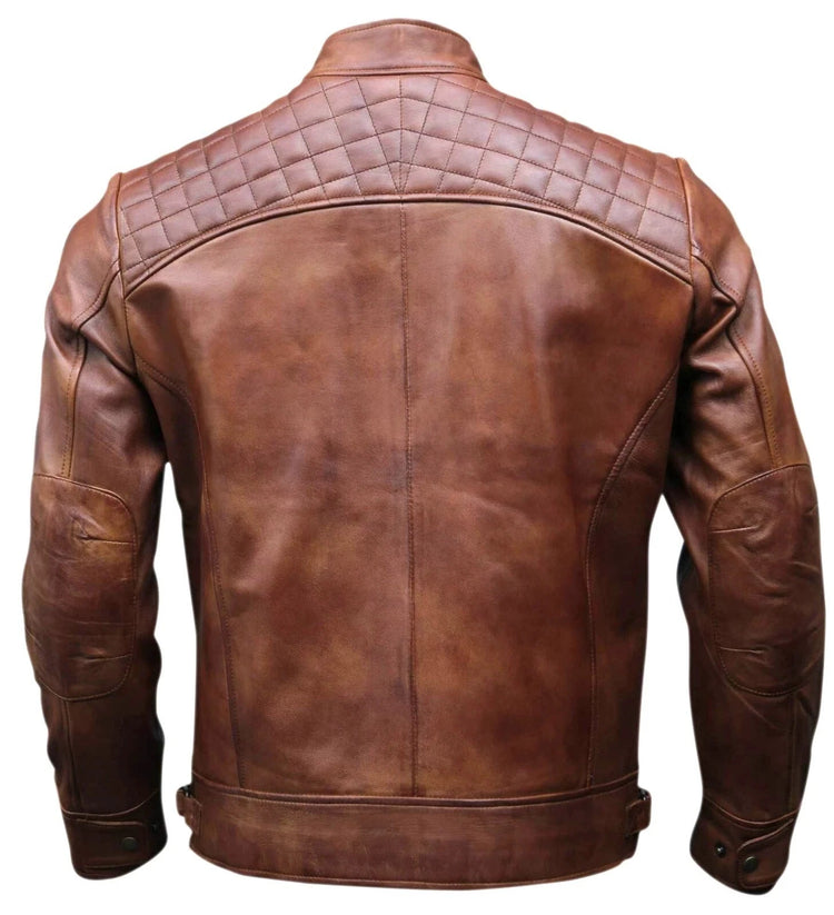 Men's Brown Distressed Diamond Quilted Biker Jacket